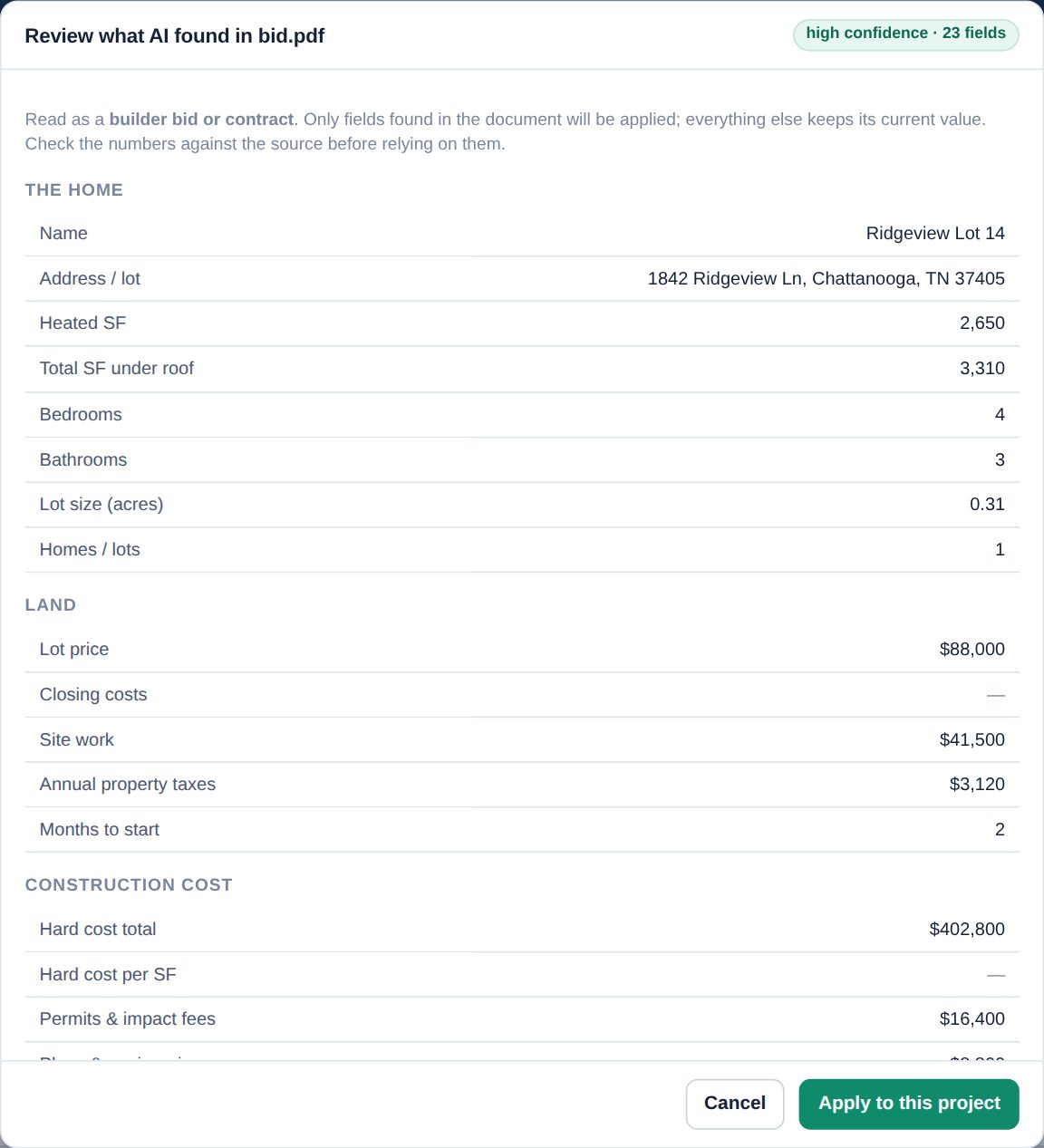 Review panel listing every figure AI extracted from a builder bid before applying it